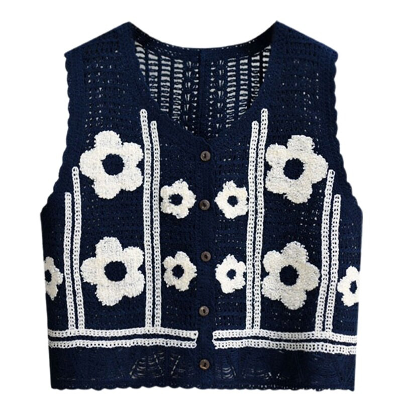 449B korejiešu boho sieviešu tamborētas adītas veste veste Vintage krāsains ziedu raksts bez piedurknēm jaka Retro hipiju dūnu