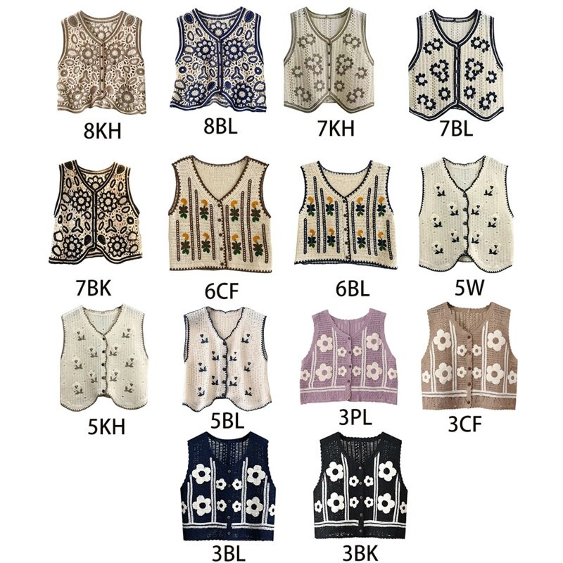 449B korejiešu boho sieviešu tamborētas adītas veste veste Vintage krāsains ziedu raksts bez piedurknēm jaka Retro hipiju dūnu