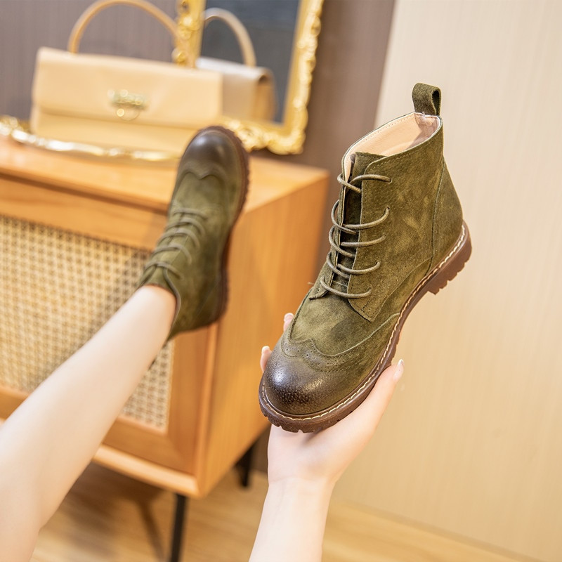 Sieviešu apavi 2022. gada pavasarī Sieviešu īsi  zābaki Zamšādas sieviešu zābaki Britu šņorējami Retro Trend sieviešu zābaki