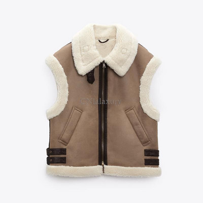 CNlalaxury 2022, rudens, ziema, sieviete, kas savieno jēra vilnu, ikdienas veste bez piedurknēm, ādas imitācijas, biezas vestes, kabatas veste