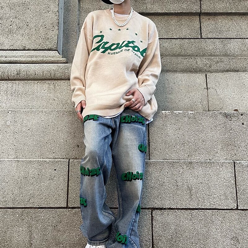 Brīvs džemperis ar apaļu apkakli sieviešu kaklasaites krāsas džemperis Star japāņu retro alfabēts High Street ikdienas pavasara un rudens džemperis 2022