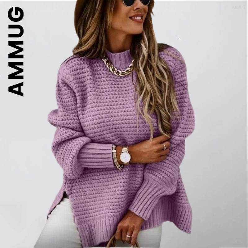 Πλεκτό γυναικείο πουλόβερ Ammug Νέα κομψά γυναικεία πουλόβερ με μακρυμάνικο 2023 άλμα με λαιμόκοψη Κομψά γυναικεία πουλόβερ Loose μπλούζες ελεύθερου χρόνου