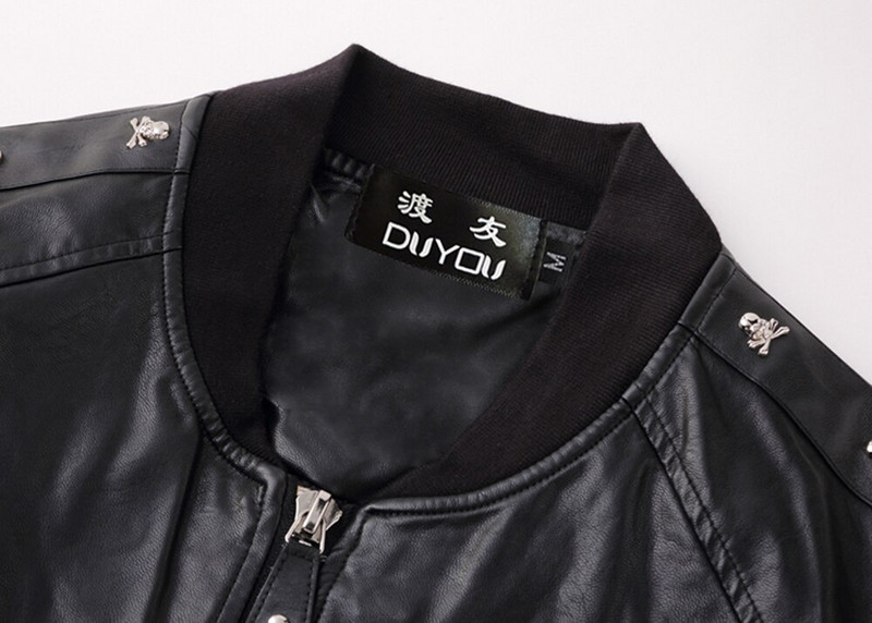 DUYOU Metal Skull PU jakas Vīriešu High Street Style Stat-Neck Sudaderas Hombre Rib Piedurknes Streetwear Vīriešu jakas un mēteļi