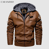 CARANFIER vīriešu poliuretāna ādas jaka vīriešu motocikla vilnas ziemas mēteļi ar mākslīgās kažokādas oderi Biker noņemami kapuci retro stila ielas apģērbi