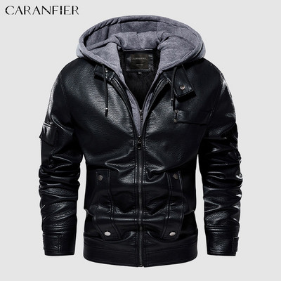 CARANFIER vīriešu poliuretāna ādas jaka vīriešu motocikla vilnas ziemas mēteļi ar mākslīgās kažokādas oderi Biker noņemami kapuci retro stila ielas apģērbi