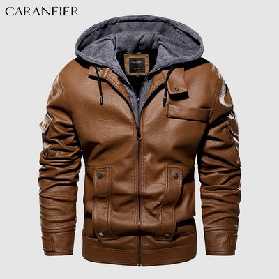 CARANFIER vīriešu poliuretāna ādas jaka vīriešu motocikla vilnas ziemas mēteļi ar mākslīgās kažokādas oderi Biker noņemami kapuci retro stila ielas apģērbi