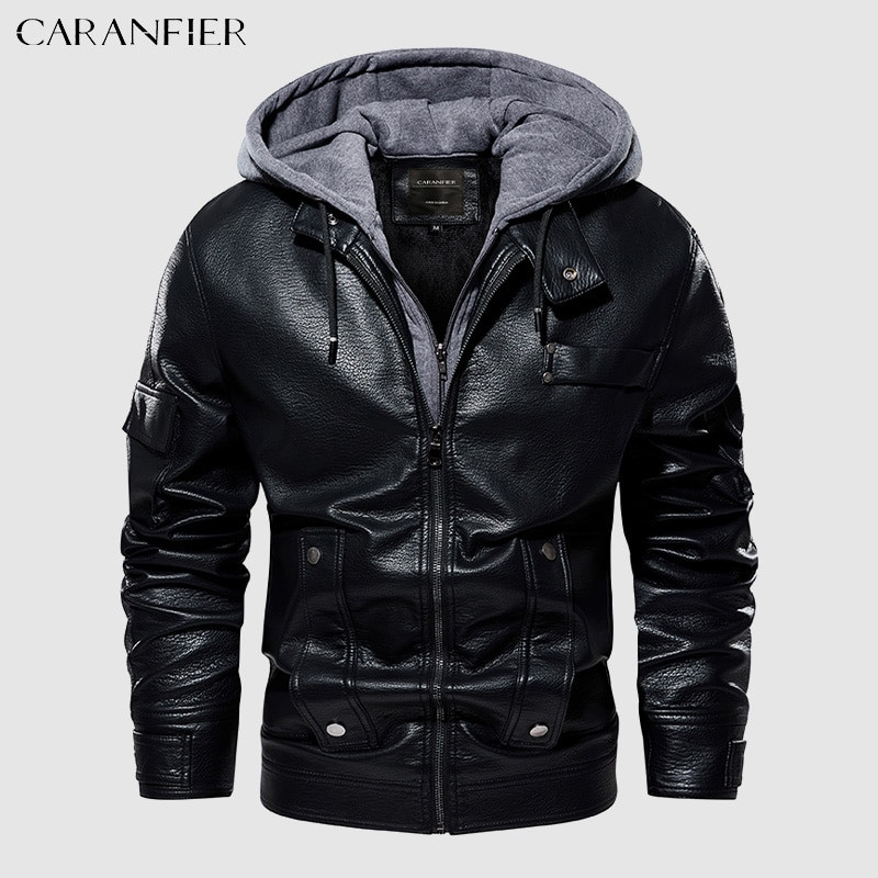 CARANFIER vīriešu poliuretāna ādas jaka vīriešu motocikla vilnas ziemas mēteļi ar mākslīgās kažokādas oderi Biker noņemami kapuci retro stila ielas apģērbi