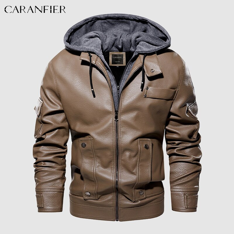 CARANFIER vīriešu poliuretāna ādas jaka vīriešu motocikla vilnas ziemas mēteļi ar mākslīgās kažokādas oderi Biker noņemami kapuci retro stila ielas apģērbi