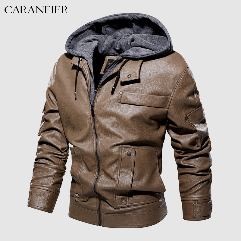 CARANFIER vīriešu poliuretāna ādas jaka vīriešu motocikla vilnas ziemas mēteļi ar mākslīgās kažokādas oderi Biker noņemami kapuci retro stila ielas apģērbi