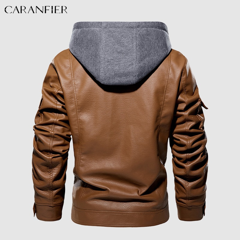 CARANFIER vīriešu poliuretāna ādas jaka vīriešu motocikla vilnas ziemas mēteļi ar mākslīgās kažokādas oderi Biker noņemami kapuci retro stila ielas apģērbi