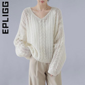 Epligg 2022 Pullovers Lazy Wind Frivolous Hollow Out Πλεκτό Top Γυναικείο Άνετο φαρδύ πουλόβερ με λαιμόκοψη με V λαιμόκοψη