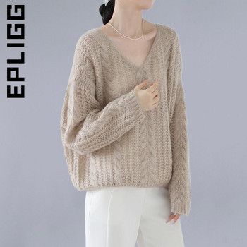 Epligg 2022 Пуловери Lazy Wind Frivolous Hollow Out Knitted TopWomen Мек и лепкав V-образно деколте Удобен свободен пуловер