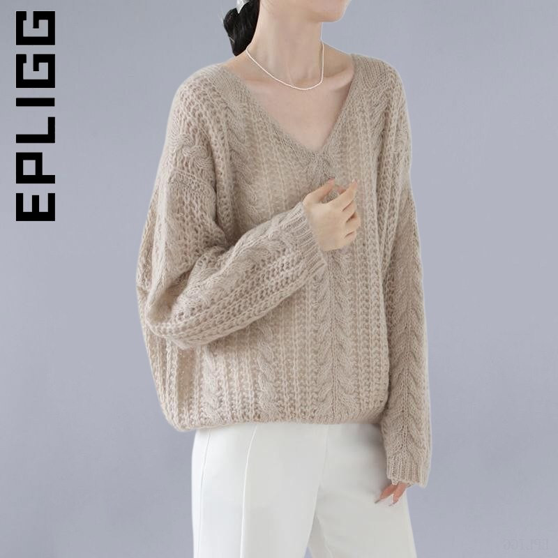 Epligg 2022 Pullovers Lazy Wind Frivolous Hollow Out Πλεκτό Top Γυναικείο Άνετο φαρδύ πουλόβερ με λαιμόκοψη με V λαιμόκοψη
