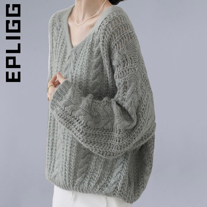 Epligg 2022 Pullovers Lazy Wind Frivolous Hollow Out Πλεκτό Top Γυναικείο Άνετο φαρδύ πουλόβερ με λαιμόκοψη με V λαιμόκοψη