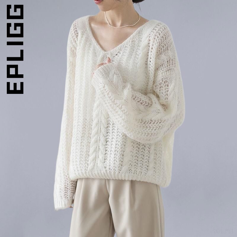 Epligg 2022 Pullovers Lazy Wind Frivolous Hollow Out Πλεκτό Top Γυναικείο Άνετο φαρδύ πουλόβερ με λαιμόκοψη με V λαιμόκοψη