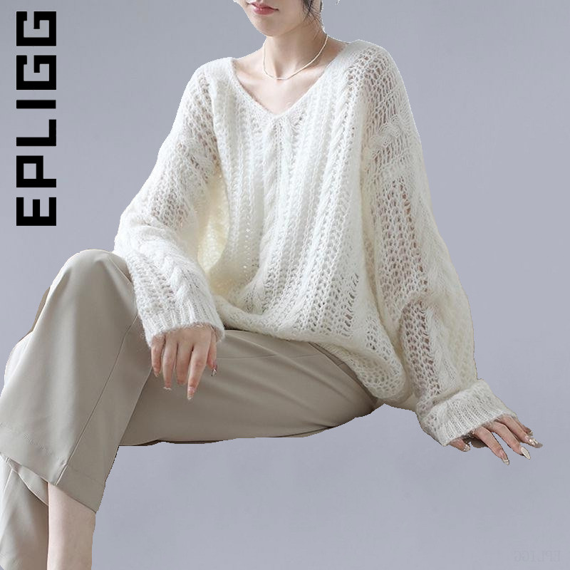 Epligg 2022 Pullovers Lazy Wind Frivolous Hollow Out Πλεκτό Top Γυναικείο Άνετο φαρδύ πουλόβερ με λαιμόκοψη με V λαιμόκοψη