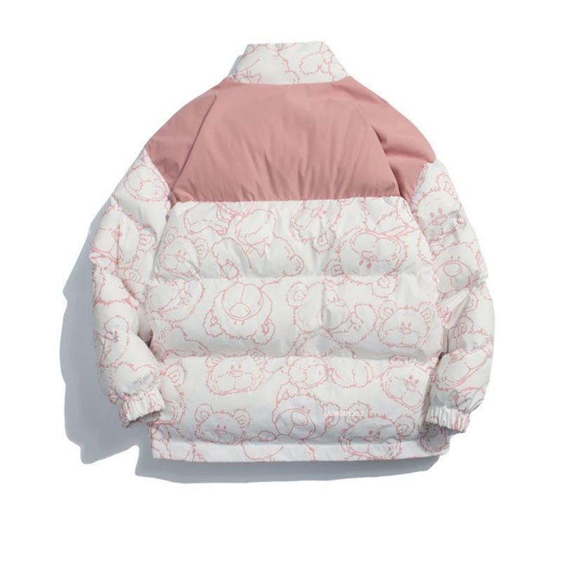 Γυναικείο χειμωνιάτικο μπουφάν κινουμένων σχεδίων βαμβακερό παλτό Κορεατικό Preppy στυλ με ψηλό γιακά Universal print Down Oversize 2021 Bear Γυναικείο παλτό