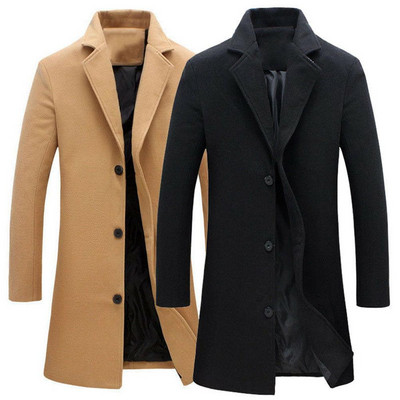 Őszi téli divat Férfi gyapjú kabátok Egyszínű, egysoros hajtóka hosszú kabát dzseki Alkalmi kabát Nagy méret 5 szín