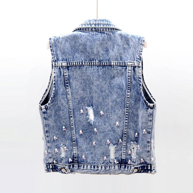 Jauna modes džinsa veste sievietēm pavasaris rudens ielāps Ziedi sequins krelles bez piedurknēm Studentu tops Džins īsās jakas KW450