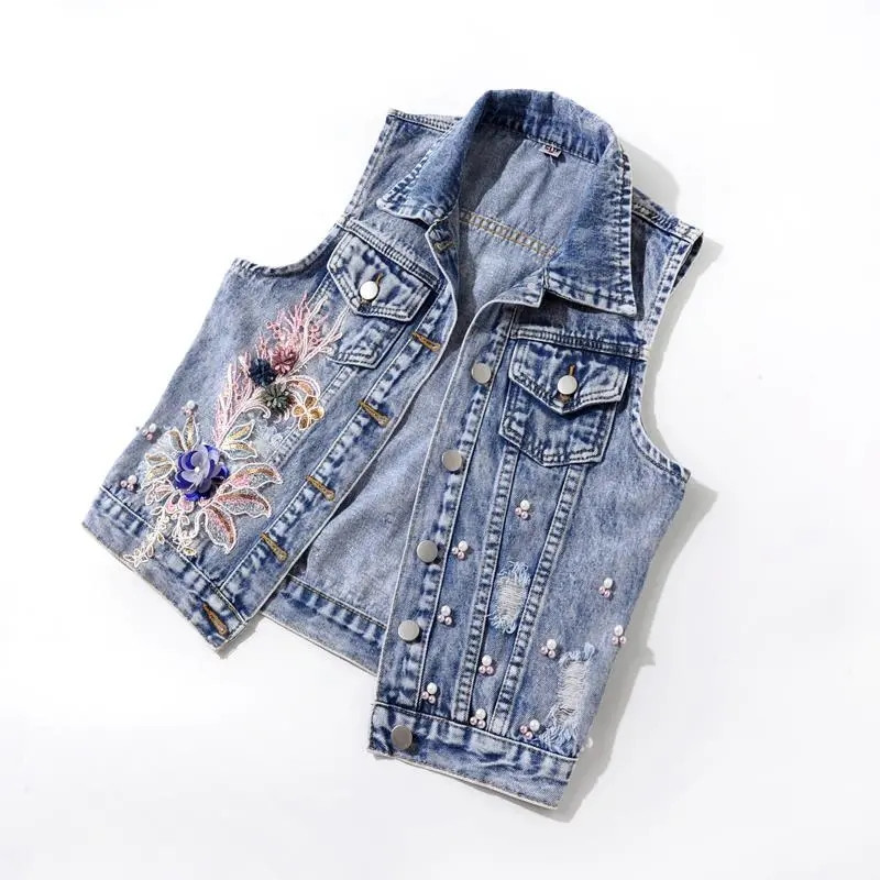 Jauna modes džinsa veste sievietēm pavasaris rudens ielāps Ziedi sequins krelles bez piedurknēm Studentu tops Džins īsās jakas KW450