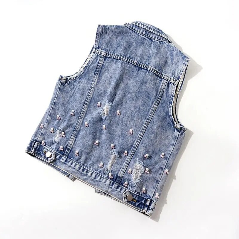 Jauna modes džinsa veste sievietēm pavasaris rudens ielāps Ziedi sequins krelles bez piedurknēm Studentu tops Džins īsās jakas KW450