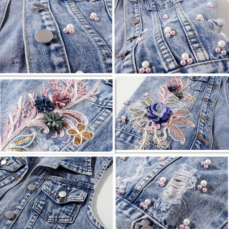 Jauna modes džinsa veste sievietēm pavasaris rudens ielāps Ziedi sequins krelles bez piedurknēm Studentu tops Džins īsās jakas KW450