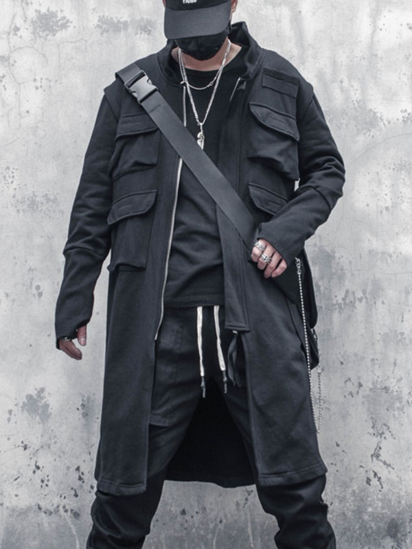 PFNW pavasara un rudens Darkwear sērijas funkcionālie rāvējslēdzēja mēteļi ar vairākām kabatām vaļīgiem, izskatīgiem vidēji gariem trenčiem 12A5336