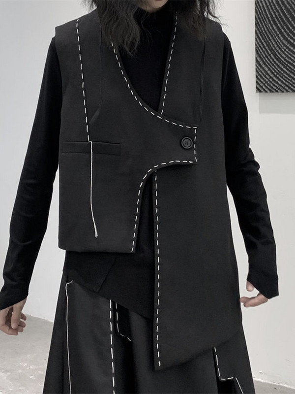 [EAM] Sieviešu brīva piegriezuma, melna augššūta neregulāra veste, jauna V veida apkakle bez piedurknēm, modes plūdmaiņas, 2022. gada pavasara rudens, 1DF1072