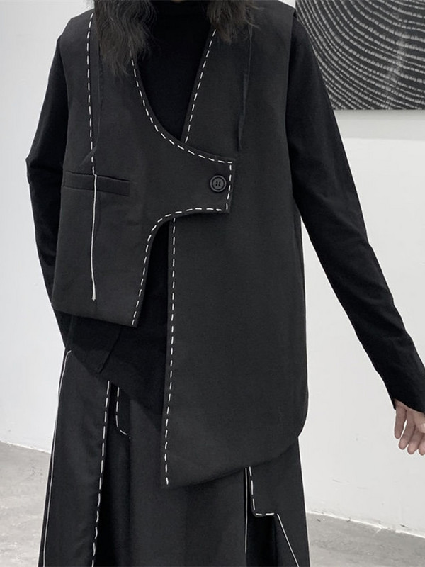 [EAM] Sieviešu brīva piegriezuma, melna augššūta neregulāra veste, jauna V veida apkakle bez piedurknēm, modes plūdmaiņas, 2022. gada pavasara rudens, 1DF1072