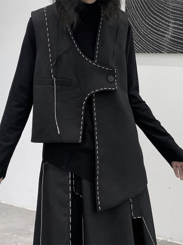 [EAM] Sieviešu brīva piegriezuma, melna augššūta neregulāra veste, jauna V veida apkakle bez piedurknēm, modes plūdmaiņas, 2022. gada pavasara rudens, 1DF1072