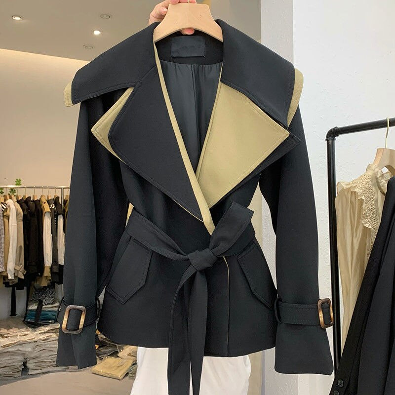 Sieviešu retro mētelis, jauns, plats atloks ar garām piedurknēm vējjaka, modes 2021. gada pavasara rudens