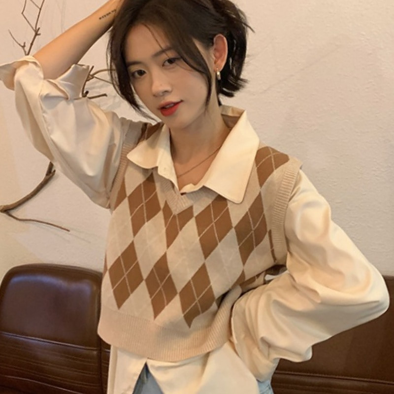 Argyle džemperu vestes sievietēm Retro Jauns rudens Vispārpiemērots Modes Adīšana Bezpiedurkņu Topi Klasisks Streetwear V veida kakla izgriezums Jk Preppy Style