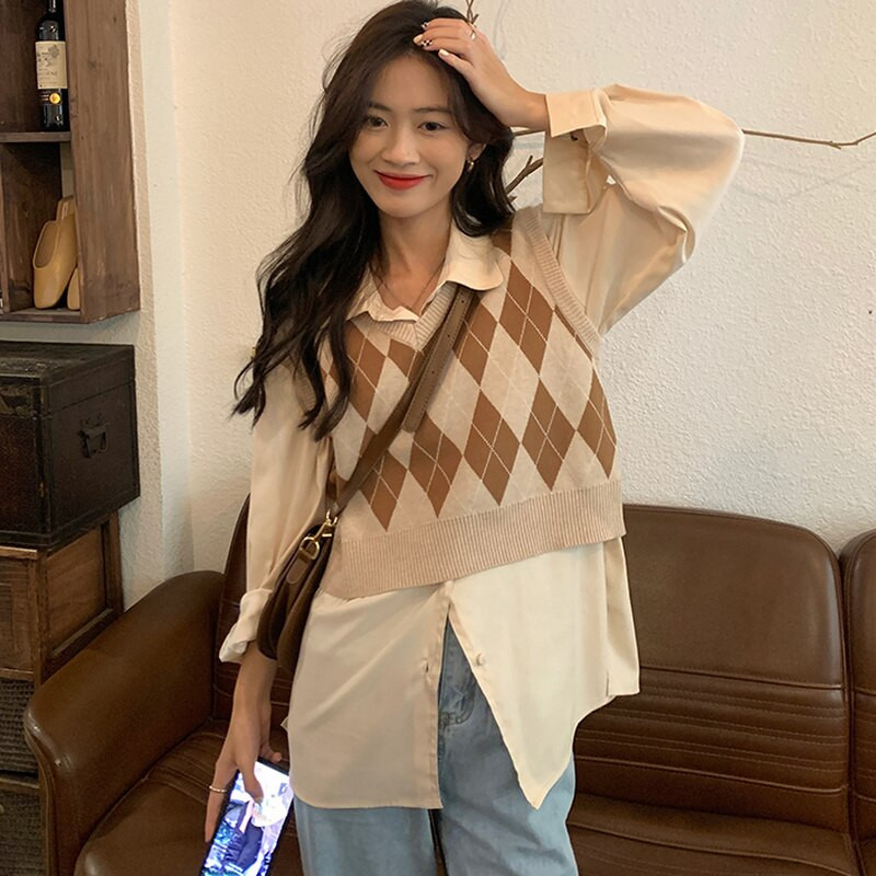 Argyle džemperu vestes sievietēm Retro Jauns rudens Vispārpiemērots Modes Adīšana Bezpiedurkņu Topi Klasisks Streetwear V veida kakla izgriezums Jk Preppy Style