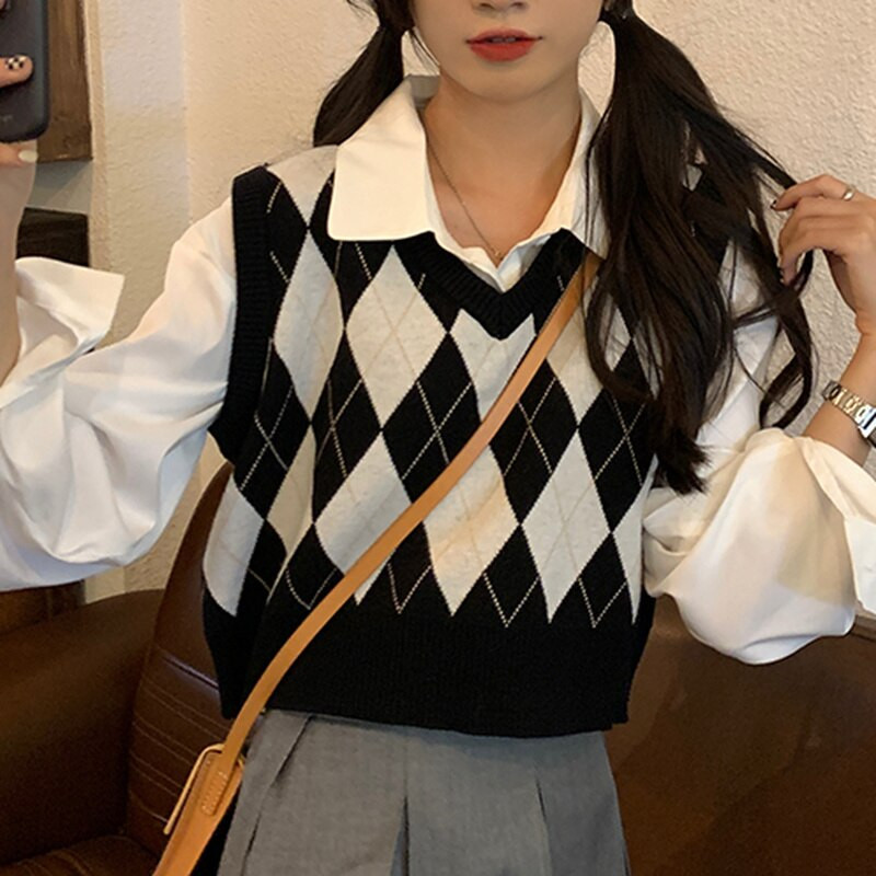 Argyle džemperu vestes sievietēm Retro Jauns rudens Vispārpiemērots Modes Adīšana Bezpiedurkņu Topi Klasisks Streetwear V veida kakla izgriezums Jk Preppy Style