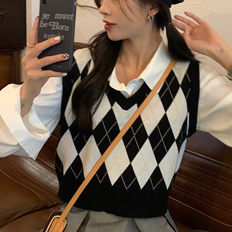 Argyle džemperu vestes sievietēm Retro Jauns rudens Vispārpiemērots Modes Adīšana Bezpiedurkņu Topi Klasisks Streetwear V veida kakla izgriezums Jk Preppy Style