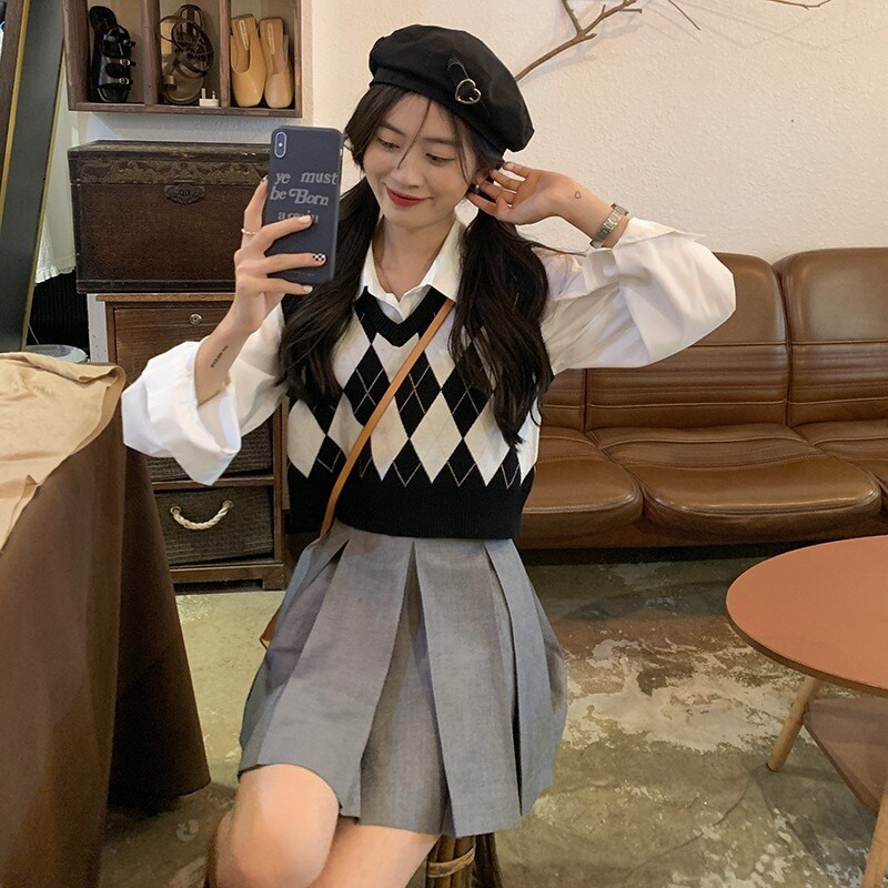 Argyle džemperu vestes sievietēm Retro Jauns rudens Vispārpiemērots Modes Adīšana Bezpiedurkņu Topi Klasisks Streetwear V veida kakla izgriezums Jk Preppy Style