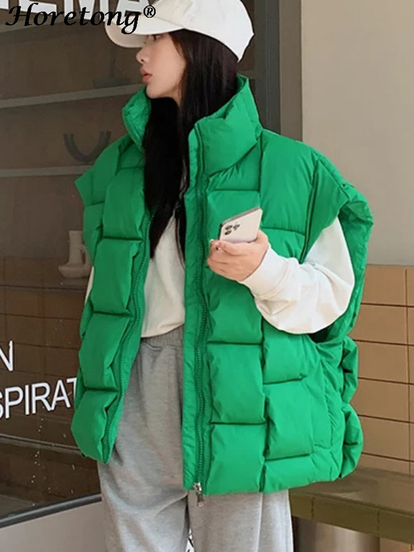 Horetong rudens ziemas bezpiedurkņu jakas sievietēm 2022. gada korejiešu modes kokvilnas polsterēta dūnu veste brīva, silta, bieza veste ar rāvējslēdzēju