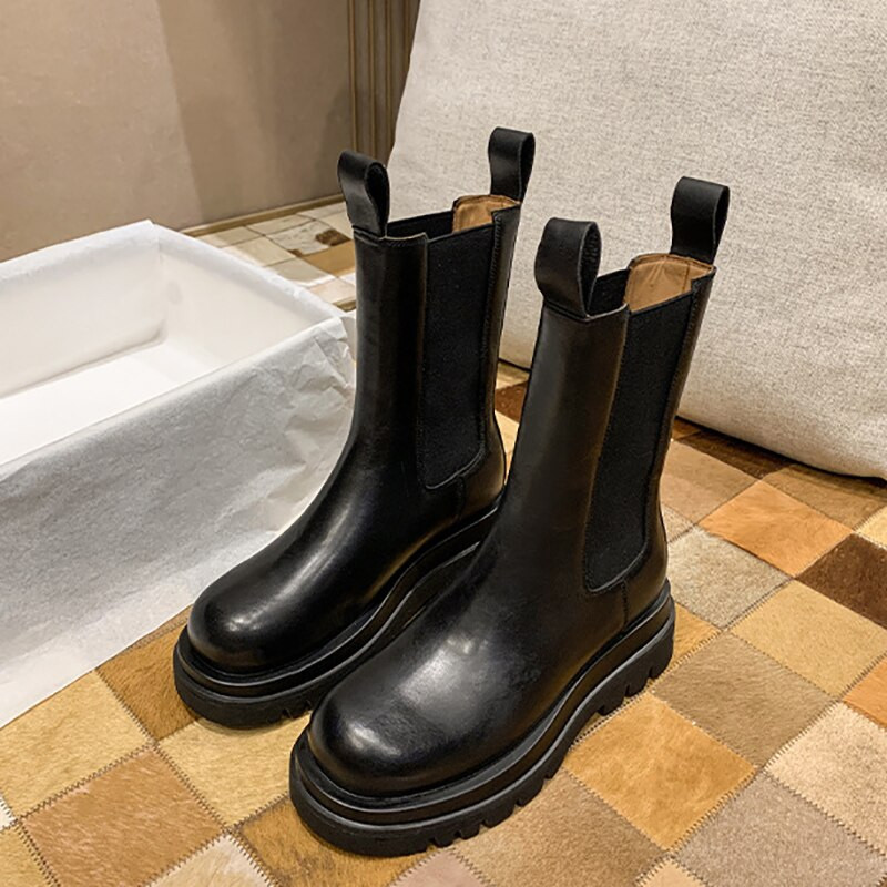 Γυναικείες μπότες Chelsea Άνοιξη Νέα μαύρη επίπεδη πλατφόρμα Παπούτσια στον αστράγαλο Γυναικεία Universal Classic Slim Fashion Στρογγυλά παπούτσια