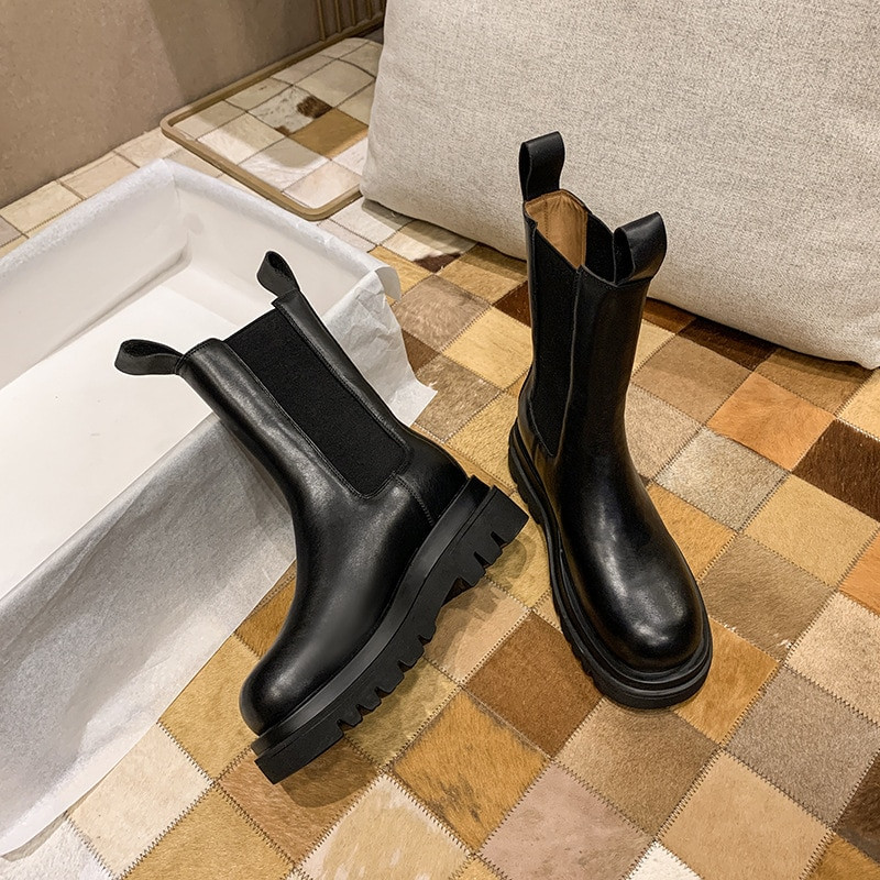 Γυναικείες μπότες Chelsea Άνοιξη Νέα μαύρη επίπεδη πλατφόρμα Παπούτσια στον αστράγαλο Γυναικεία Universal Classic Slim Fashion Στρογγυλά παπούτσια