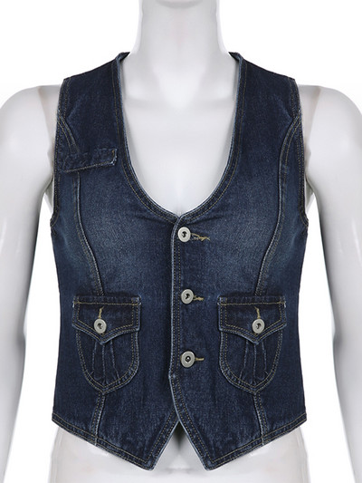 Sweetown Y2K Denim Crop Jaka Racerback Veste Grunge veste Kabatas Ielu apģērbi Sieviešu bezpiedurkņu pogām retro korsešu topi