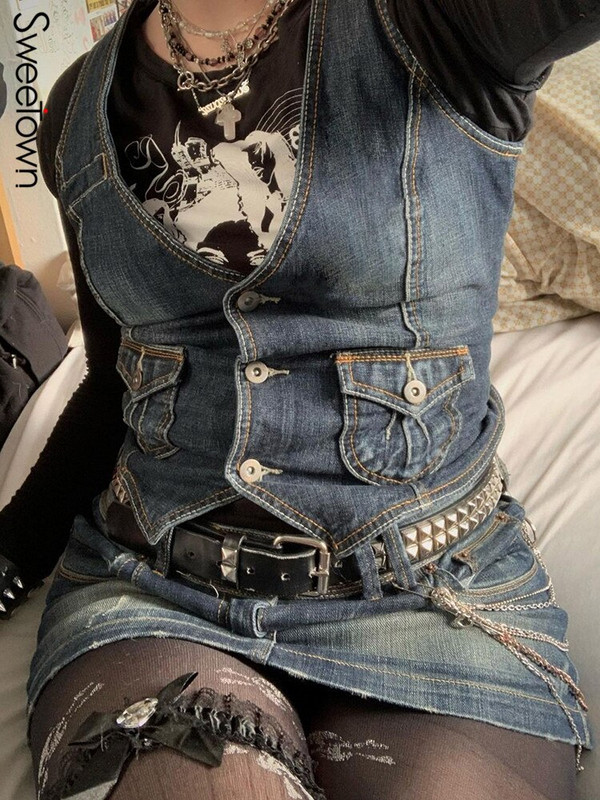 Sweetown Y2K Denim Crop Jaka Racerback Veste Grunge veste Kabatas Ielu apģērbi Sieviešu bezpiedurkņu pogām retro korsešu topi