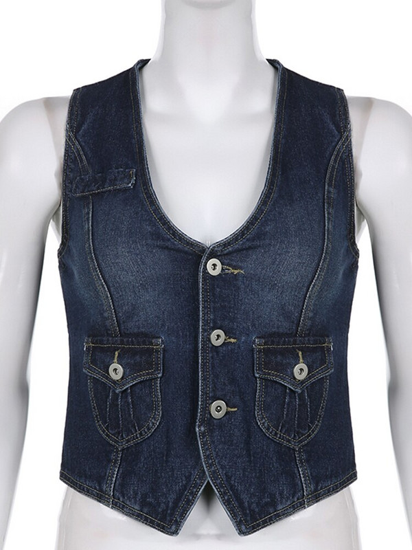Sweetown Y2K Denim Crop Jaka Racerback Veste Grunge veste Kabatas Ielu apģērbi Sieviešu bezpiedurkņu pogām retro korsešu topi
