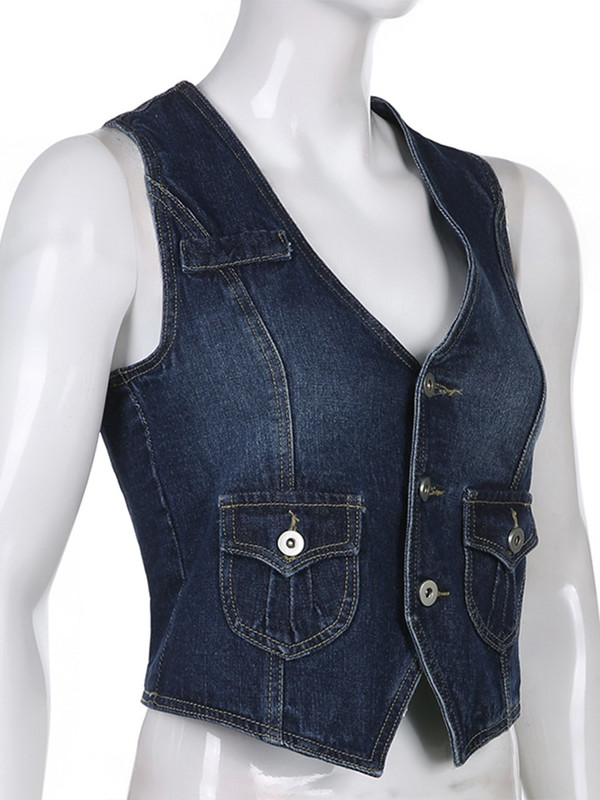 Sweetown Y2K Denim Crop Jaka Racerback Veste Grunge veste Kabatas Ielu apģērbi Sieviešu bezpiedurkņu pogām retro korsešu topi