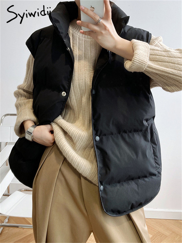 Syiwidii jaka ar pogām dūnu veste sievietēm, stāv apkakle, rudens ziema 2022 modes lielizmēra silts mētelis bezpiedurknēm