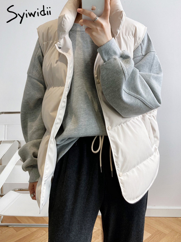 Syiwidii jaka ar pogām dūnu veste sievietēm, stāv apkakle, rudens ziema 2022 modes lielizmēra silts mētelis bezpiedurknēm