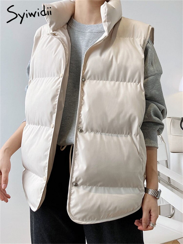 Syiwidii jaka ar pogām dūnu veste sievietēm, stāv apkakle, rudens ziema 2022 modes lielizmēra silts mētelis bezpiedurknēm