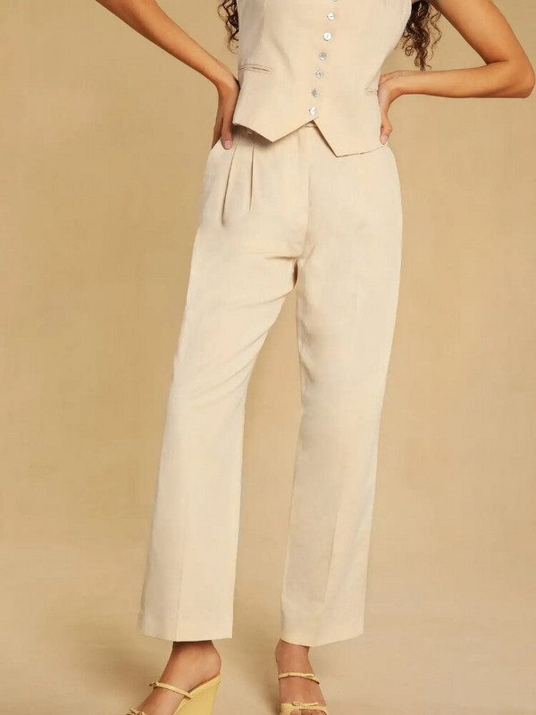 2022. gada pavasaris un rudens jauns 100% lina vienkrāsains vienrindas V veida kakla izgriezums bez piedurknēm sieviešu ikdienas īsas veste jakas bikses