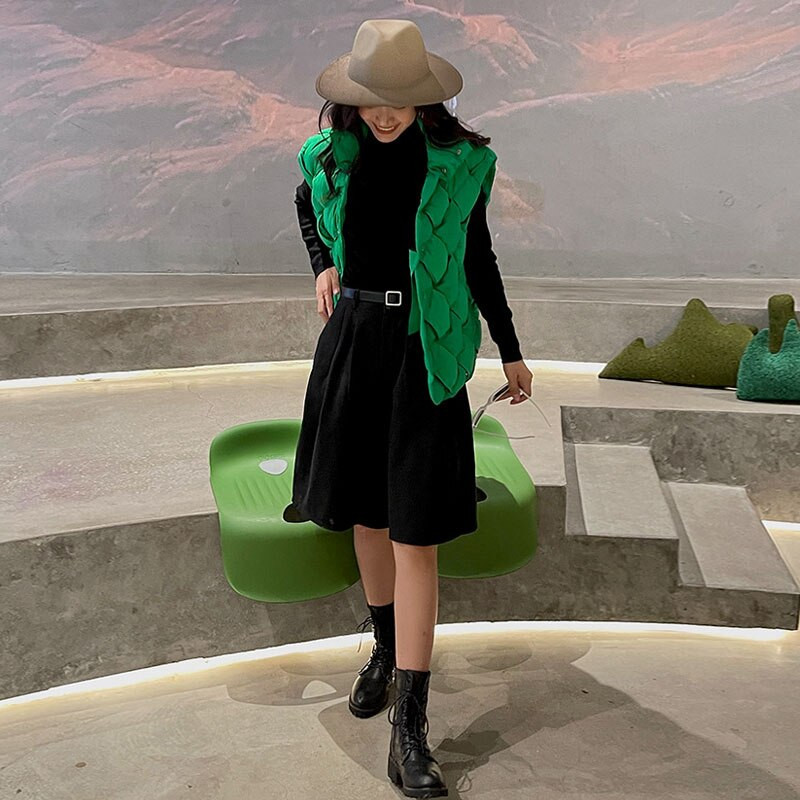 High street πλεκτό αμάνικο γιλέκο Φθινόπωρο Χειμώνας 2021 Μόδα Πράσινο γιακά Μπουφάν Puffer Φαρδιά Εξωτερικά Ενδύματα Ζεστά INKEO 1O197