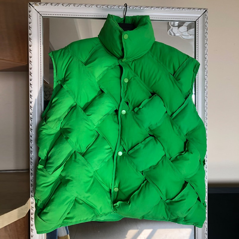 High street πλεκτό αμάνικο γιλέκο Φθινόπωρο Χειμώνας 2021 Μόδα Πράσινο γιακά Μπουφάν Puffer Φαρδιά Εξωτερικά Ενδύματα Ζεστά INKEO 1O197