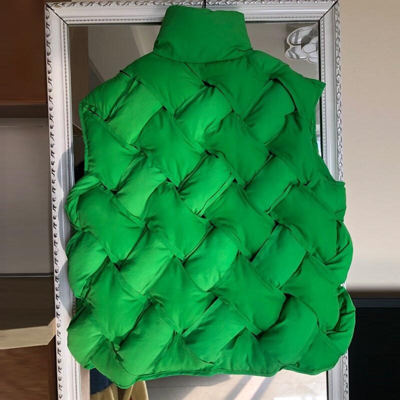 High street πλεκτό αμάνικο γιλέκο Φθινόπωρο Χειμώνας 2021 Μόδα Πράσινο γιακά Μπουφάν Puffer Φαρδιά Εξωτερικά Ενδύματα Ζεστά INKEO 1O197